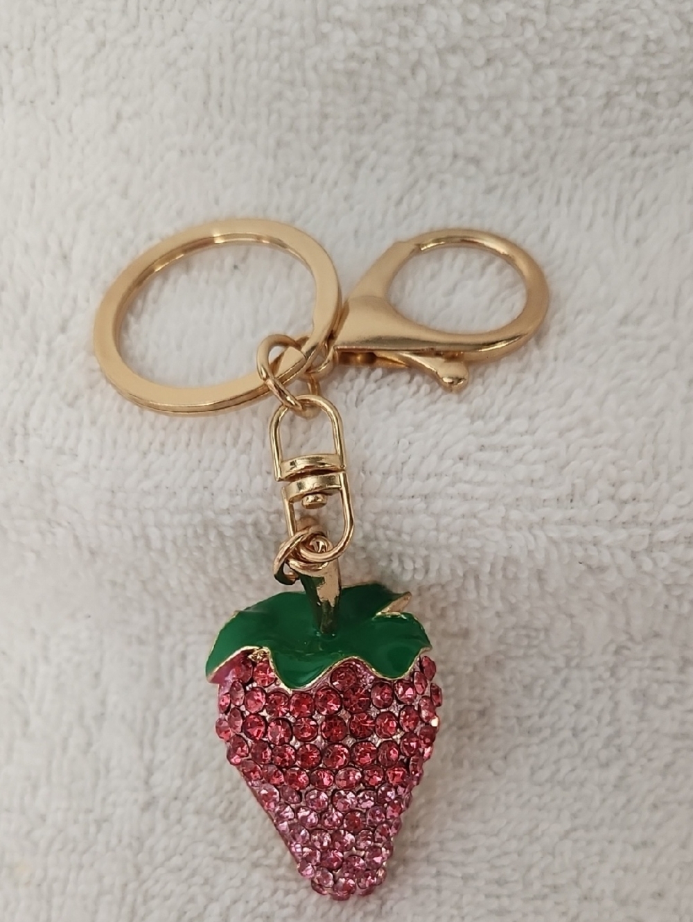 NWOT Gold-Tone Pink Crystal Strawberry Keychain with Green Enamel Leaf